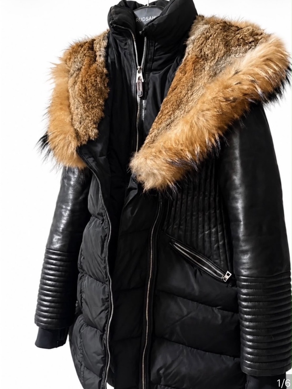 RUDSAK Black Down Puffer Coat Real Fur Trim Leather Sleeves,